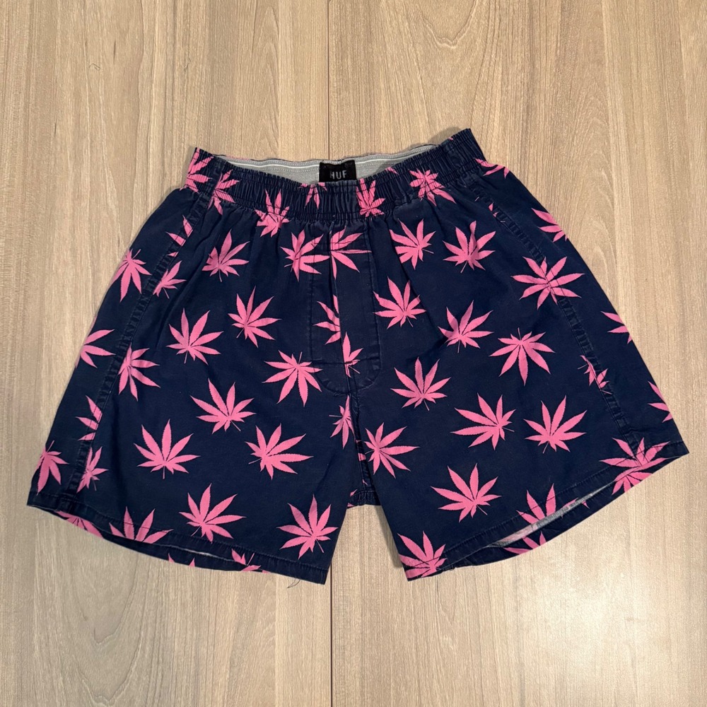 RARE* Plantlife Navy Pink Weed Leaf Print Cotton Boxer Shorts S Streetwear Skate